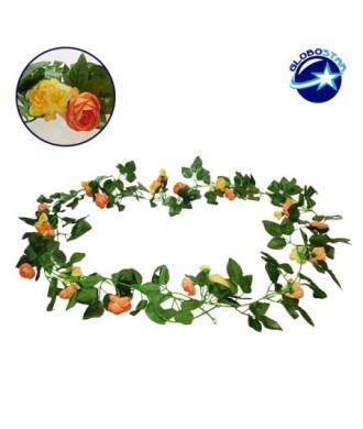 GloboStar® 09013 Τεχνητό Κρεμαστό Φυτό Διακοσμητική Γιρλάντα Μήκους 2.2 μέτρων με 32 X Μικρά Τριαντάφυλλα Πορτοκαλί Σομόν